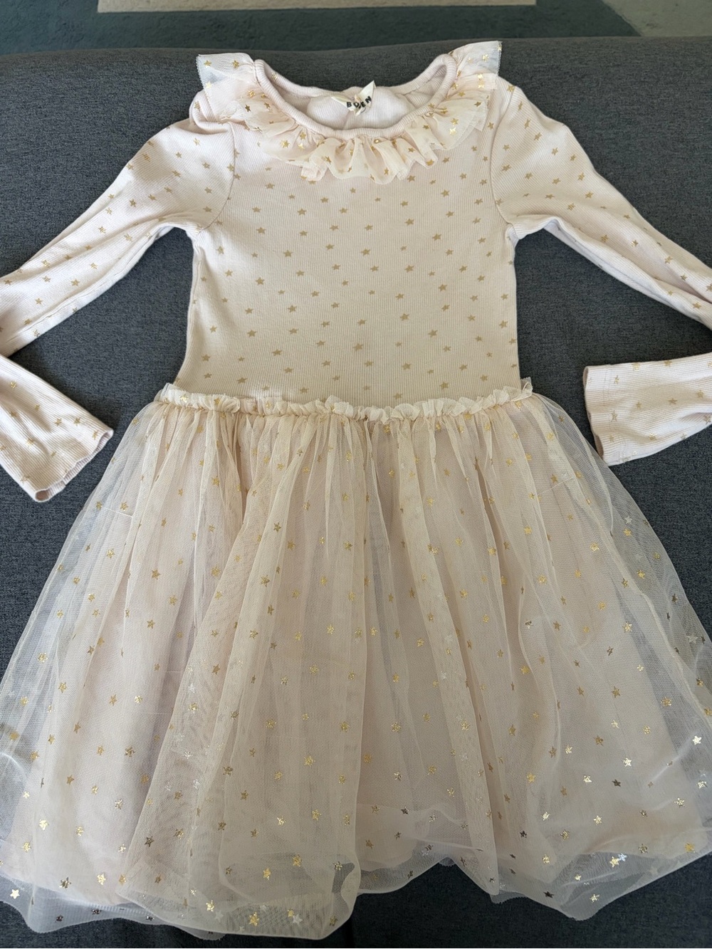 Mini Boden Cream and Gold Star Tulle Long-Sleeve Dress